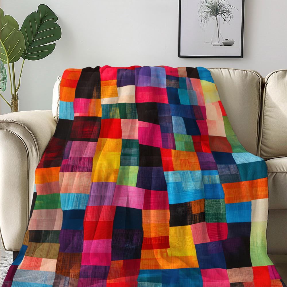 Watercolor Abstract Patchwork Print Blanket, Checkered Geometric Pattern Soft Warm Throw for Camping Travel Home Decor Gift