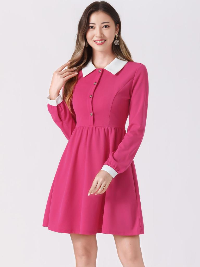 Allegra K Women's Fuchsia Short Dress with Long Sleeves, Vintage A-Line Design, Round Collar, and Contrast Half Placket, Size M
