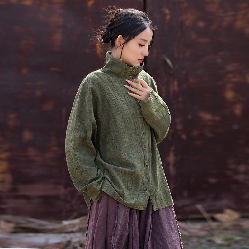 Women's Winter Tie-Dye Ramie Cotton Cardigan - Loose, Semi-High Collar Shirt in National Style.