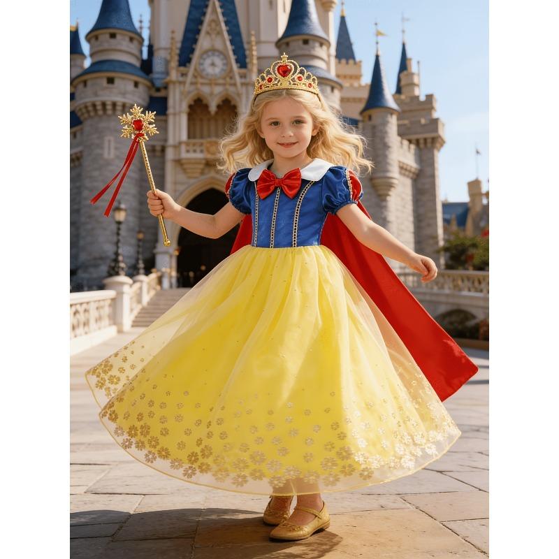 4 Stück Disney Schneewittchen Pop Prinzessinnenkleid Kostüm Sommer Outfit Strapazierfähig Blau und Gelb Farbblock Puffärmel Prinzessinnenkleid