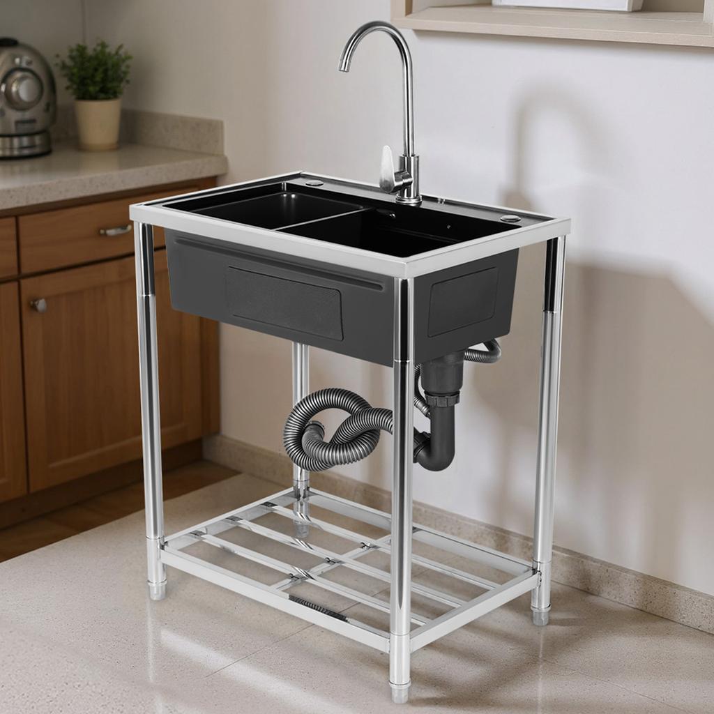 Stainless Steel Utility Sink Adjustable Stand Freestanding Sink Rust Proof Single Bowl Sink Set with Cold & Hot Water Faucet