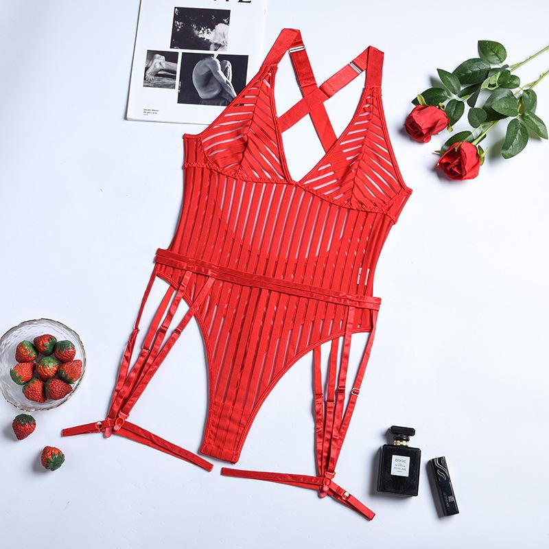 European & American Fishnet Striped Garter Bodysuit - Sexy Lingerie Set