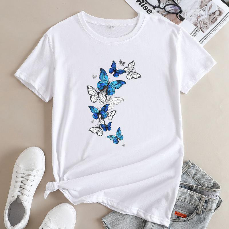 Summer Round Neck Fluttering Butterfly Pattern Printed Top Fashionable Casual Short Sleeved Women's Pure Cotton T-shirts