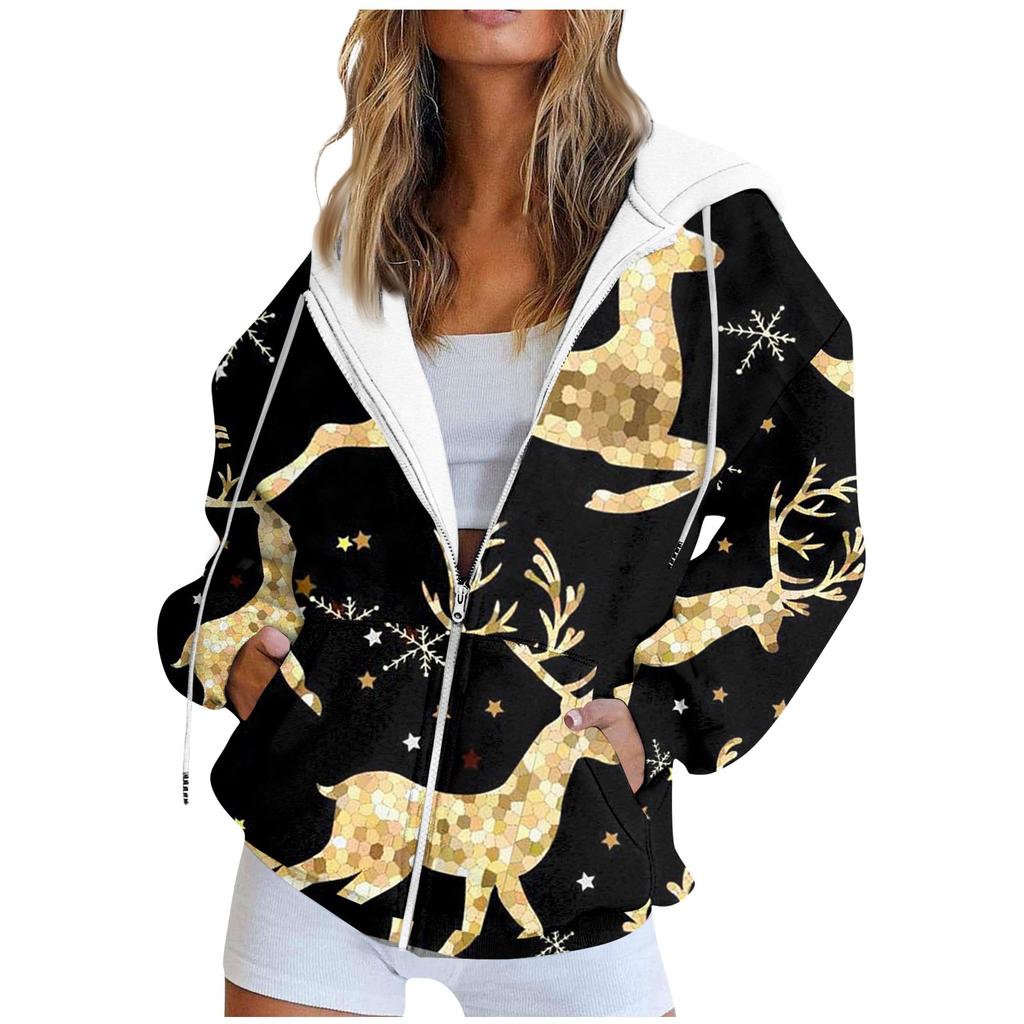 Women's Fashion Casual Christmas Print Long Sleeve Sweatshirt Pocket Jacket Zipper Hoodie Coat