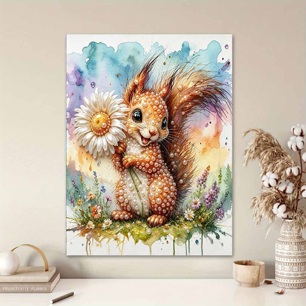 Framed Pearl Bead Painting Kit Cute Squirrel with Flower DIY Shiny Canvas Art Relaxing Craft Gift for Craft Lovers Creative Wall Decor Projects