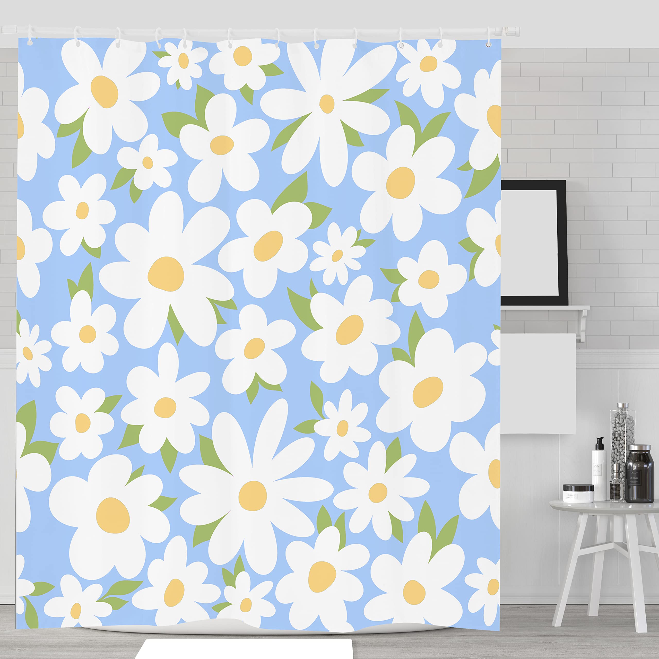 Dunika Chen Floral Daisy Shower Curtain For Bathroom Bathtub Waterproof Plant Aesthetic Bathroom Curtain With Hooks Botanical Bath Curtain