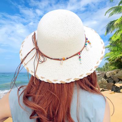 Wide Brim Beaded Decor Straw Hat Women Summer UV Protection Bucket Hats Outdoor Beach Holiday Sun Caps Boho Style Sun Hat