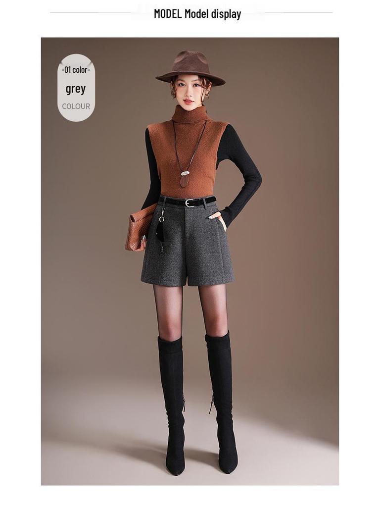 Women's Gray-Black Woolen Bootcut Shorts - Fashionable Autumn/Winter 2025