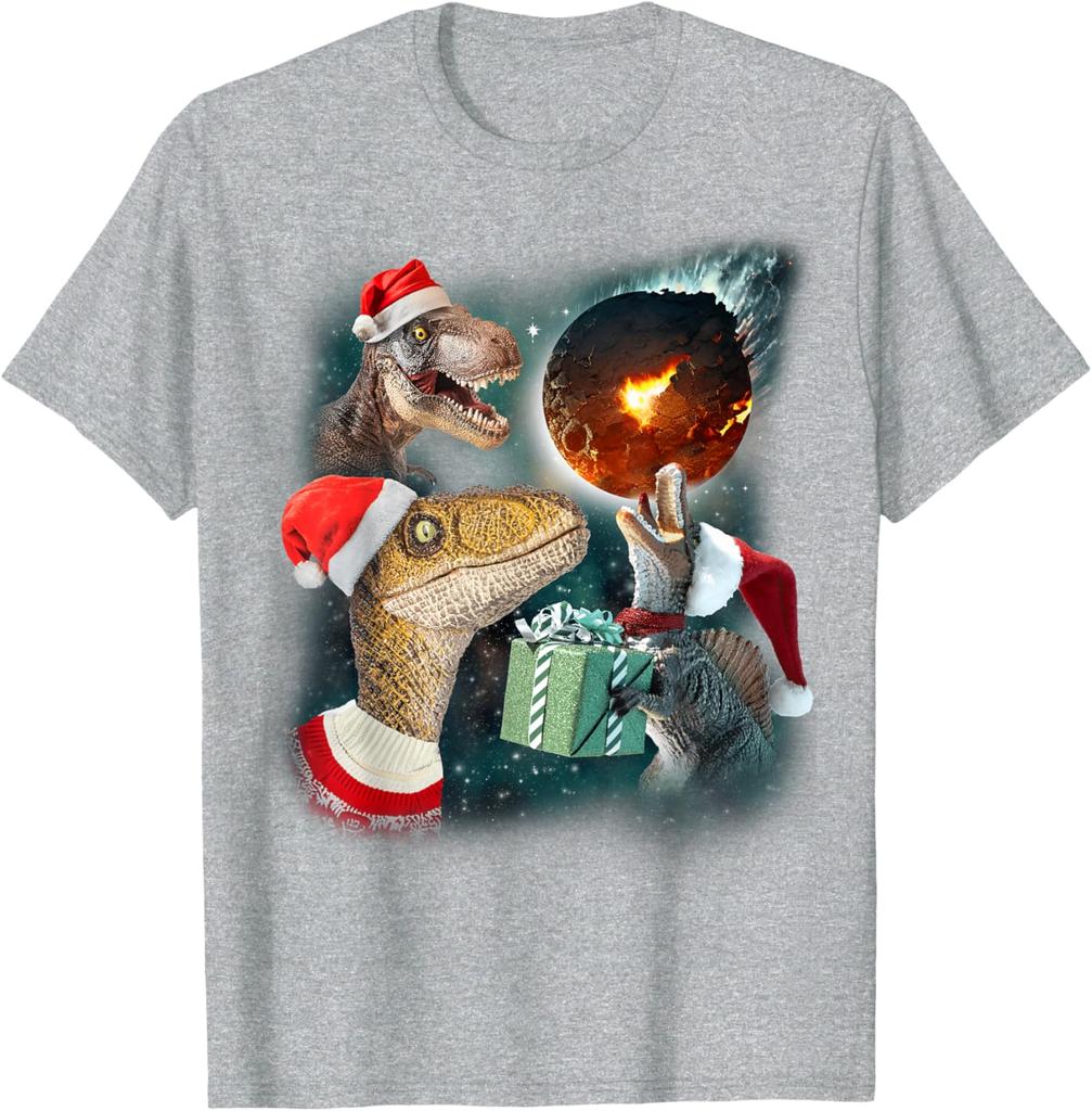 Funny Dinosaur Meteor Christmas Meme T-Shirt Three Rex Howling Graphic Cotton Tee