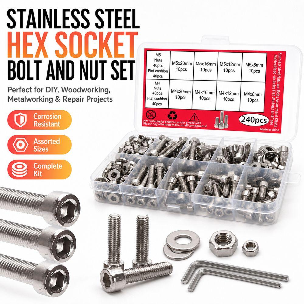 240pcs Stainless Steel Stainless Steel Bolt Set Socket Head Flat Washers Nut And Bolt Set Hex Wrench Included