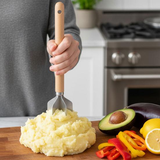 304 Stainless Steel Meat Masher 6-Blade Meat Chopper with Wooden Handle Easy to Clean Potato And Vegetable Masher for Kitchen Cooking And Mixing