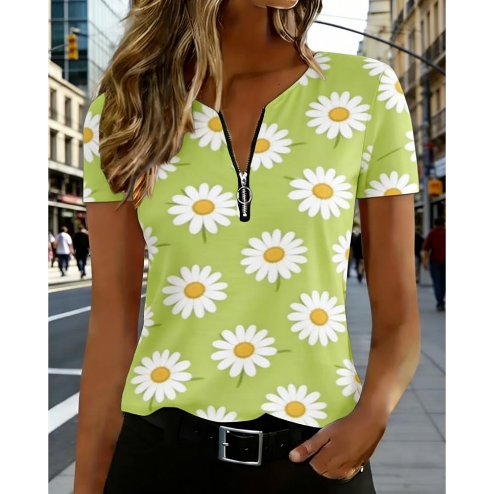 Fashionable and Elegant Zipper V-neck Color Blocked Printed T-shirt, Plus Size Women's Short Sleeved Summer Loose T-shirt