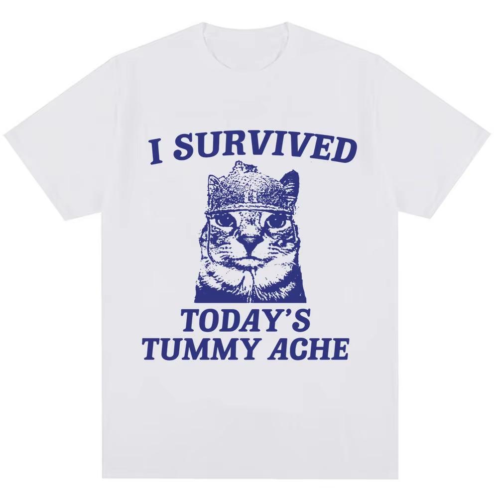 Thousand Yard Stare Cat Funny I Survived Meme Tshirt Humor Style Vintage T Shirt Men Women Oversized Casual Streetwear Daily