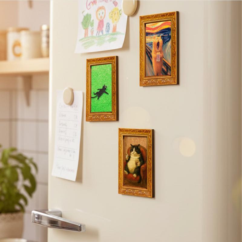 Cute Black Cat Fridge Magnet Vintage Wooden Frame Grass Pattern Art Ornament for Refrigerator Kitchen Decor