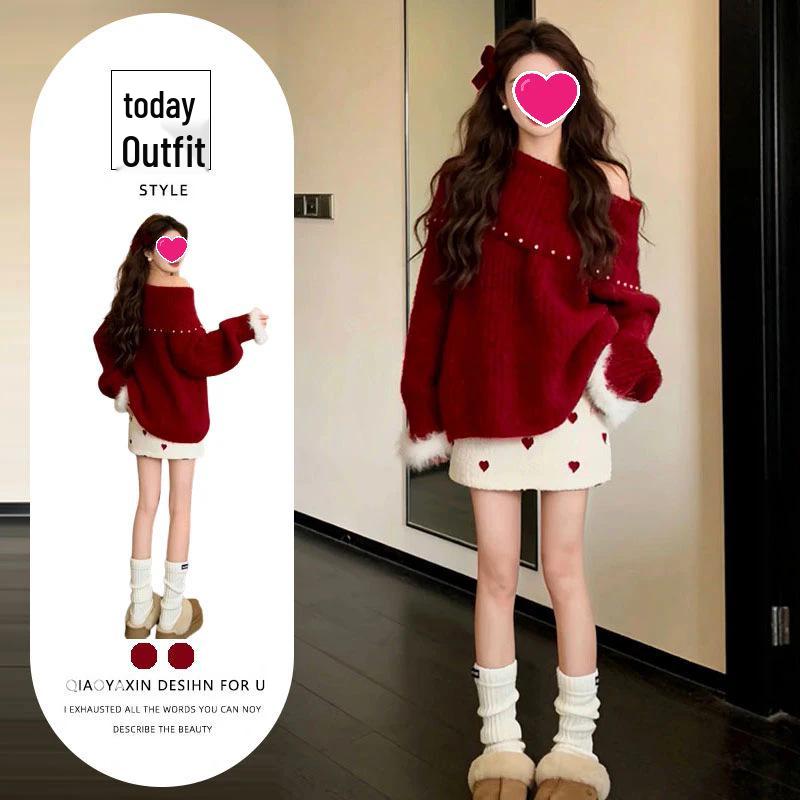 

2025 Women s Red One-Shoulder Knit Sweater & Short Skirt Winter Set - Christmas/New Year Edition XL (for 115-125 jin)