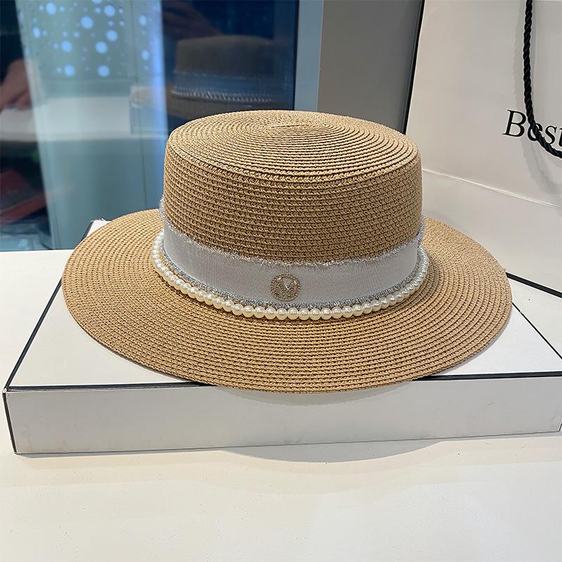 Straw hat women's spring and summer versatile pearl M letter flat top top top hat big brim sunshade sunscreen beach hat shows small face