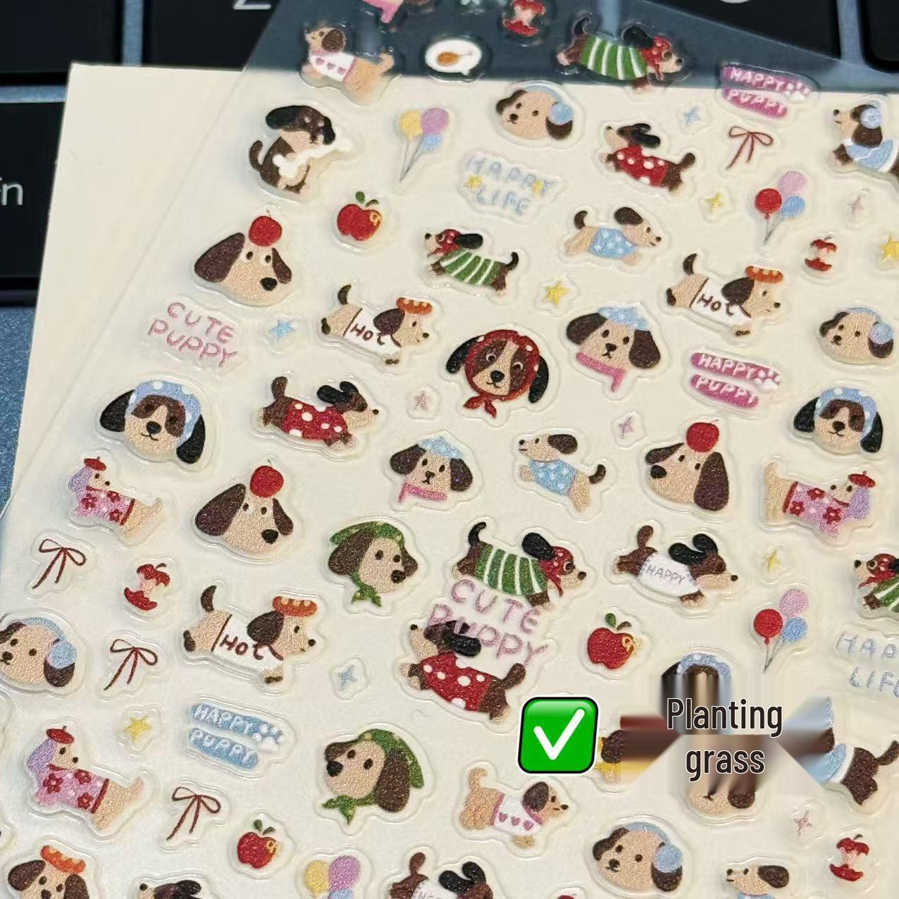 Sausage Dog Cartoon 3D Nail Art Stickers - Cute Furry Puppy Design for DIY Journals & Phones
