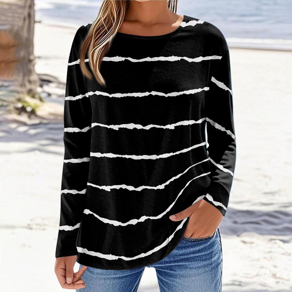 Women's Fashionable Casual Printed Long Sleeved Round Neck Top Round Neck Top Top