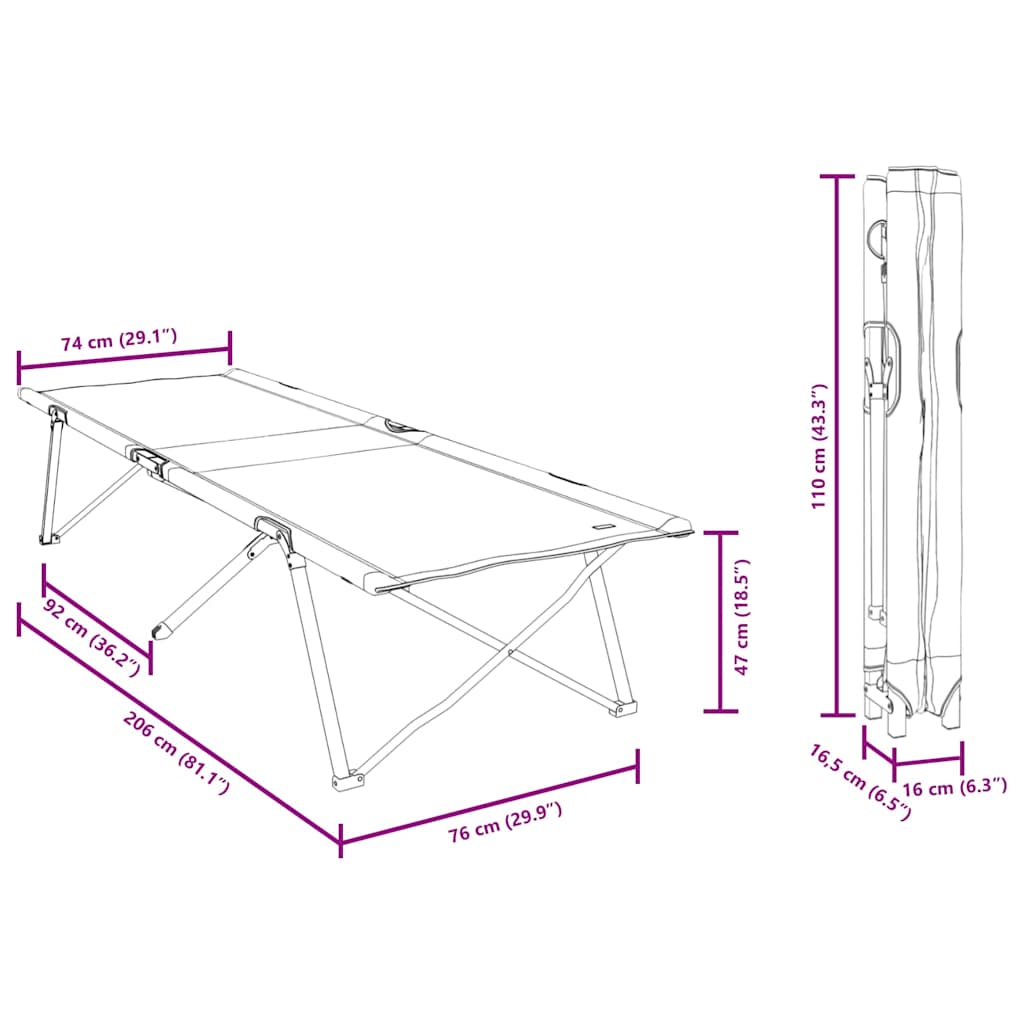 Folding Camping Bed Gray 206 X 76 X 74 Cm
