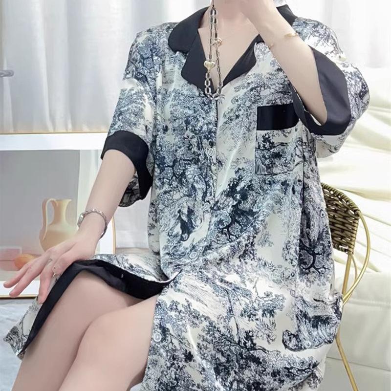 High-End National Style Ink Painting Flower Shirt Nightdress Simulation Silk Short Sleeve Loose Fashion Loungewear