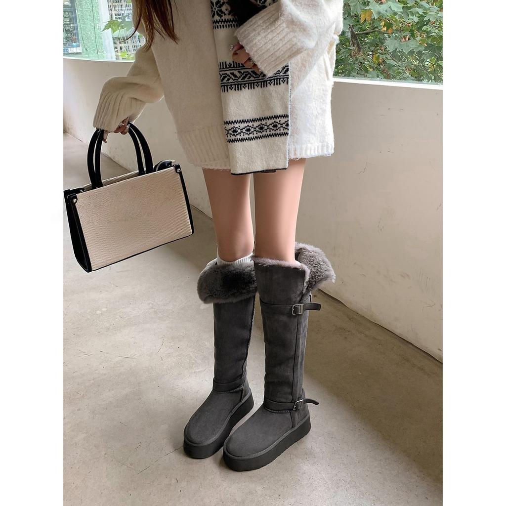 Thick-soled two-wear buckle belt, tall gray snow boots, non-slip and warm, knee-length Northeast cotton boots
