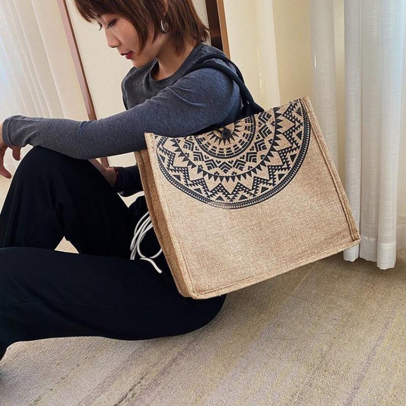 Ethnic Wind Linen Bag Female Korean Version Large Capacity Bucket Handbag Linen Single Shoulder Span Bag