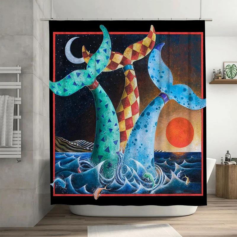 

Whimsical Whale Shower Curtain Blue, Red, Yellow Green Patterned Fabric Waterproof Decorative Bathroom Tarp W60H190(CM)-1 Pcs