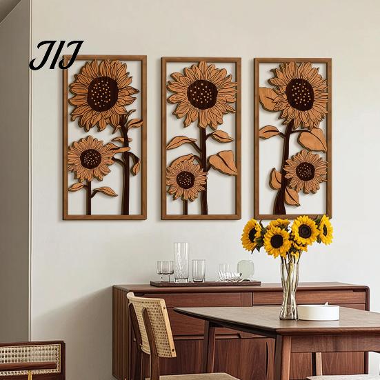 Boho Wall Accents 3Pcs Vintage Sunflower Wooden Decor, Farmhouse Cutout Wood Decor Art, Rustic Hanging Ornament for Living Room Bedroom Home