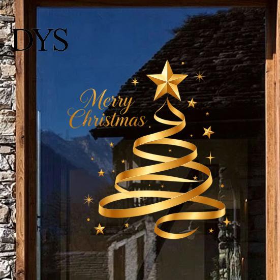 Holiday Glass Stickers Gold Ribbon Christmas Tree Static Cling Window Decal, Merry Golden Pattern Sticker with Stars, Reusable Decor for Home