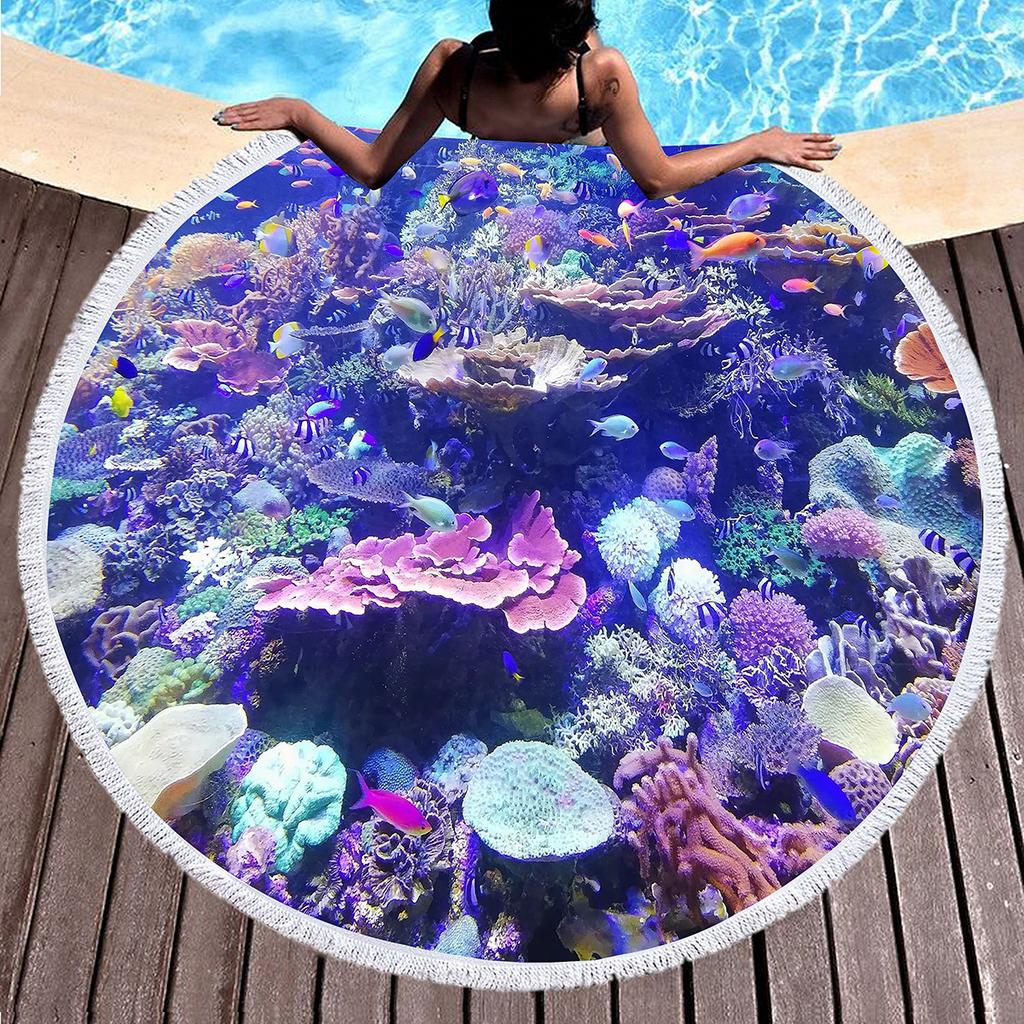 Underwater World Marine Animal Round Beach Towel with Tassels, Microfiber Quick Dry Sand Free Circle Bath Towel Gifts for Women