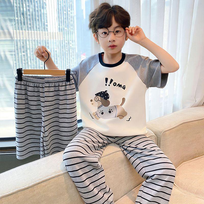 Children's Summer Pajama Set: 3-Piece Short-Sleeve Top, Long Pants, Boys' Medium & Large Air Conditioning Suit