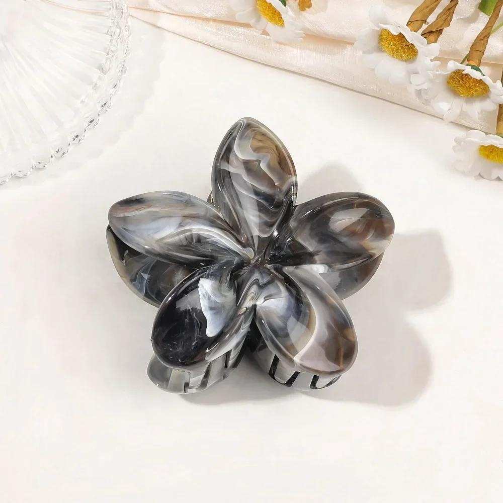 8cm Marble Pattern Frangipani Flower Hair Claw for Women Handmade Dyeing Design Acrylic Large Shark Clips Vacation Accessories