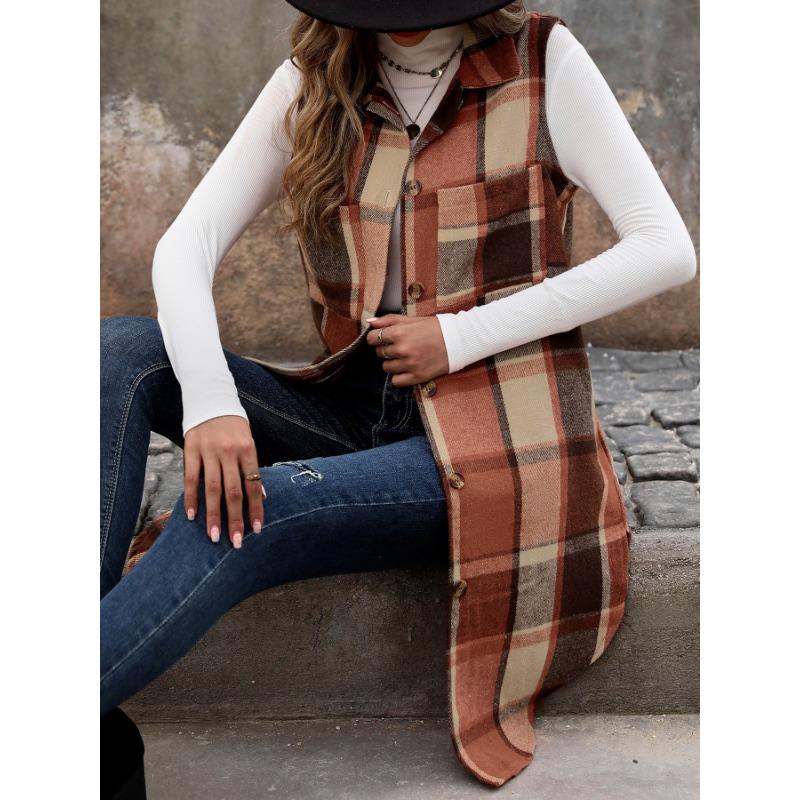 VEZFAA Women's Fashion Casual Plaid Print Autumn Winter Sleeveless POLO Neck Jackets & Coats