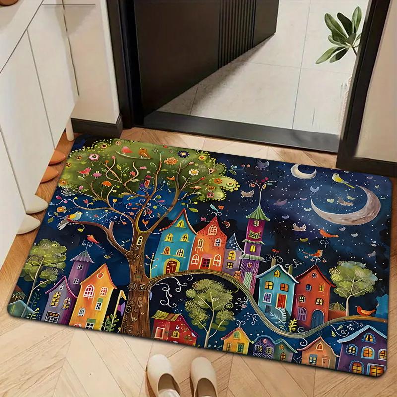 1pc of a Dreamy Village Printed Carpet, Soft And Comfortable Flannel Mat - Quick-Drying And Absorbent, Suitable for Door Mats, Kitchen And Bathroom De
