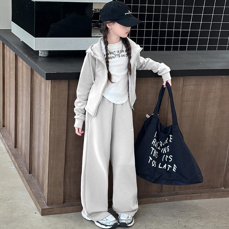 Ensemble Deux Pièces Fille 2025: Veste Sweat à Capuche & Pantalon Large pour Grands Enfants, Style Automne/Printemps