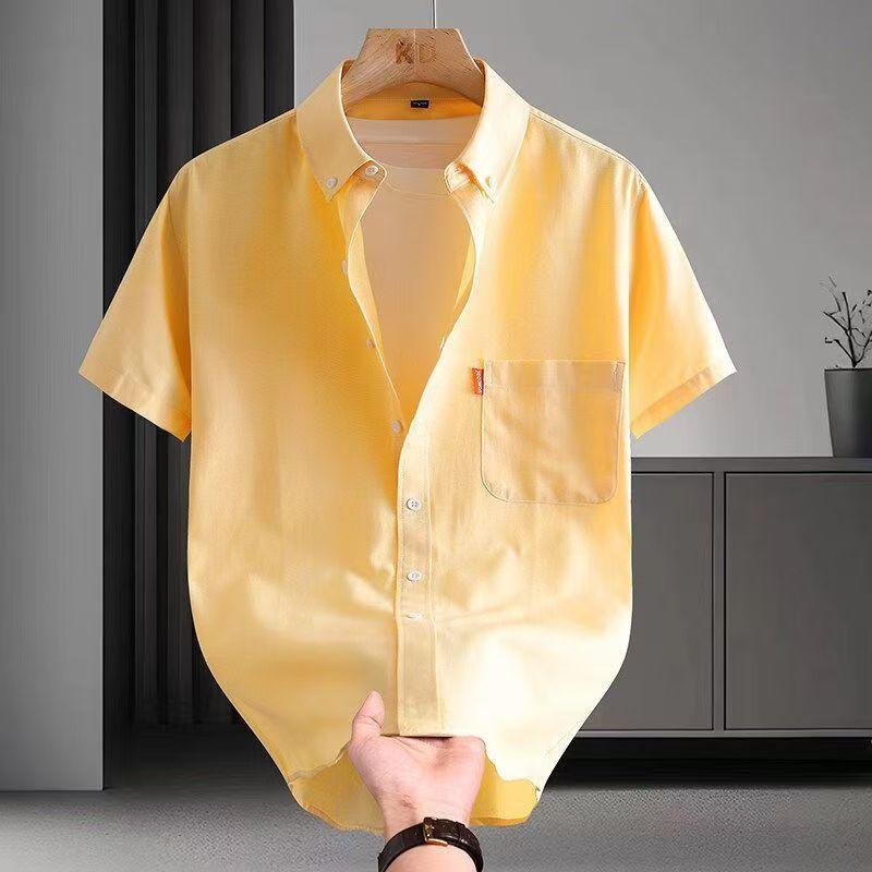 Plus Size 5XL Men's Dress Shirt Short Sleeve Summer Cotton Oxford Casual Solid Color Turn Down Collar Regular Fit Daily Top