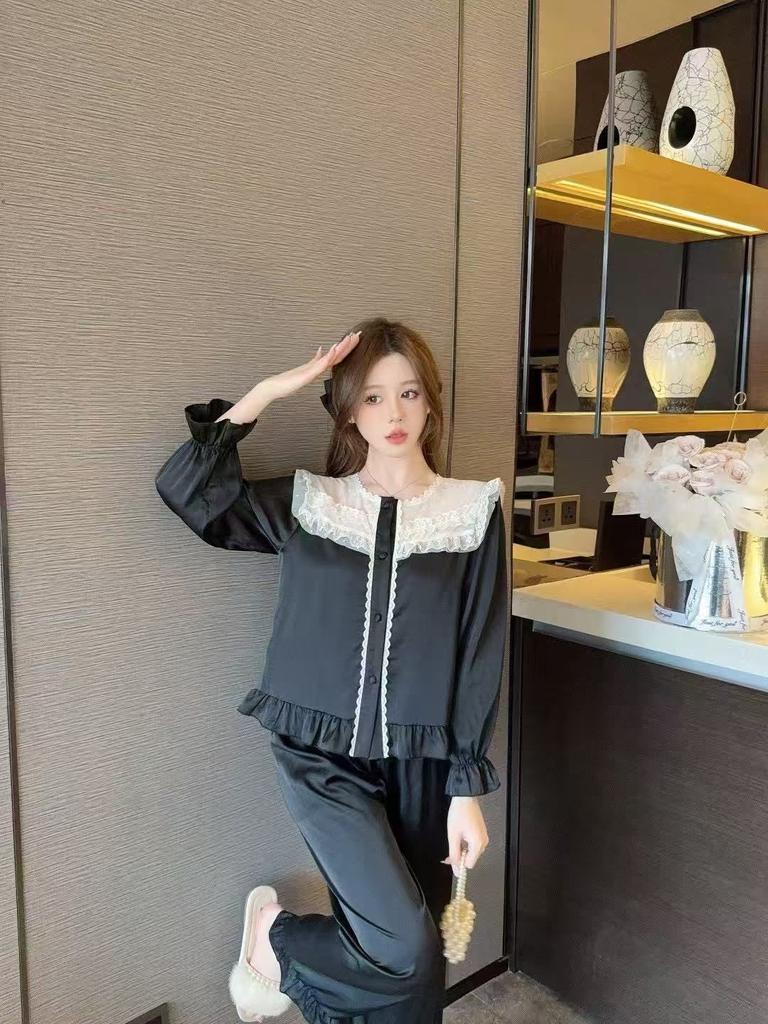 1011 new sweet lace court style pure desire pajamas women's ice and snow silk long-sleeved loungewear can be worn outside