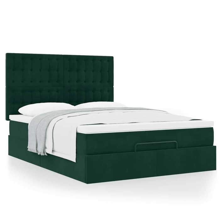 Exclusive House - Ottoman Bed Frame with Dark Green Mattress 140x190 Cm Velvet