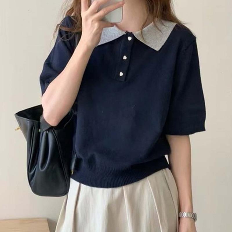 

Летняя футболка с лацканами, пуговицами любви, в японском простом стиле, с темпераментом, на все случаи жизни, женская L тёмно-синий