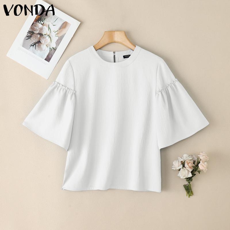 

VONDA Summer Women Crew Neck Flare Sleeve Solid Color Casual Blouse L белый