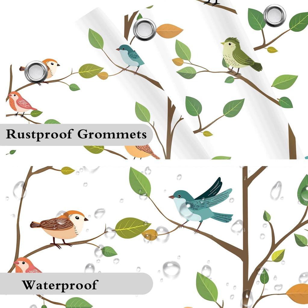 Funny Cute Bird Shower Curtain, Rustic Aesthetic Hummingbird Green Leaves Tree Floral Bathroom Curtain Nature Farmhouse Kids