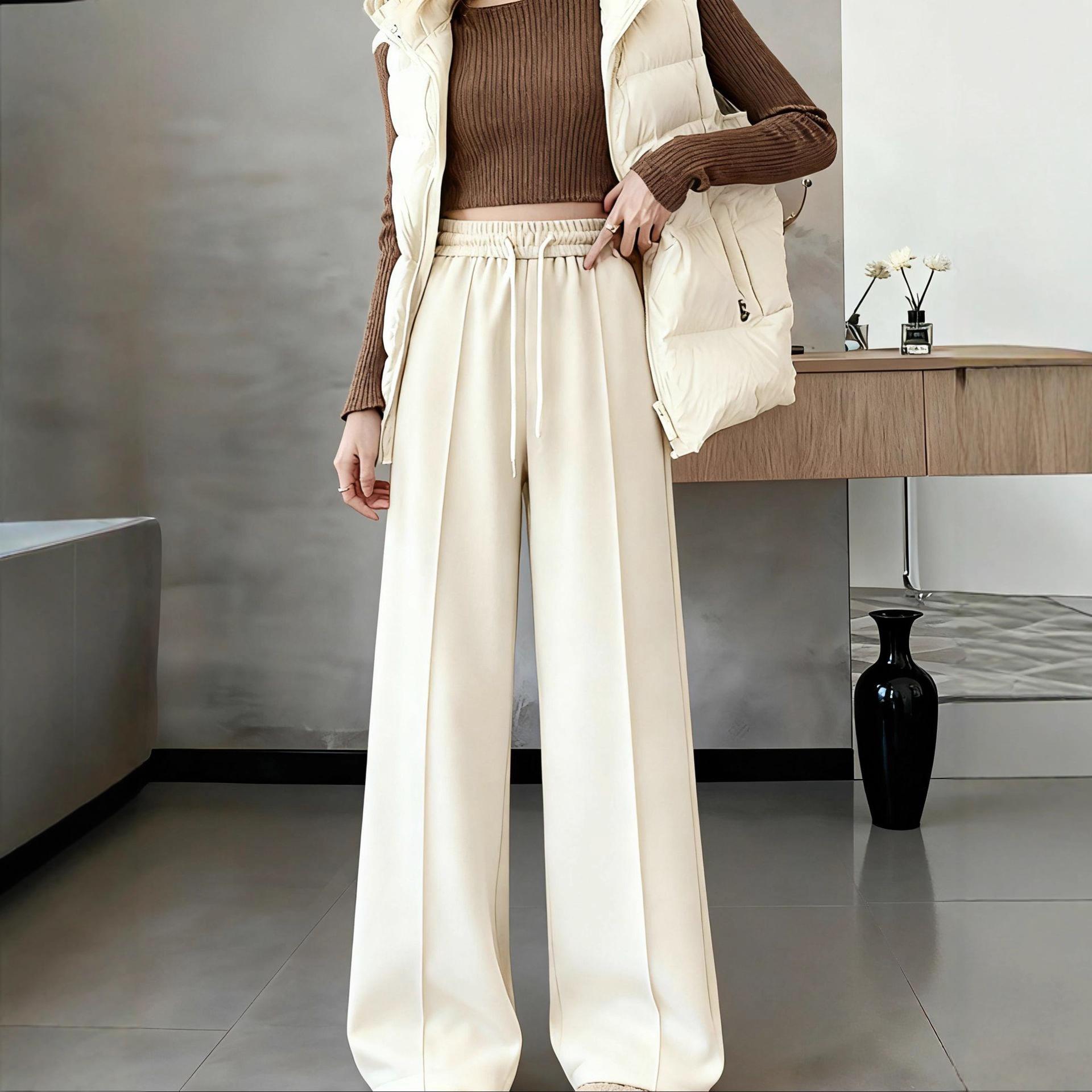 Women s High Waist Drawstring Wide Leg Pants Straight Leg Casual Trousers S