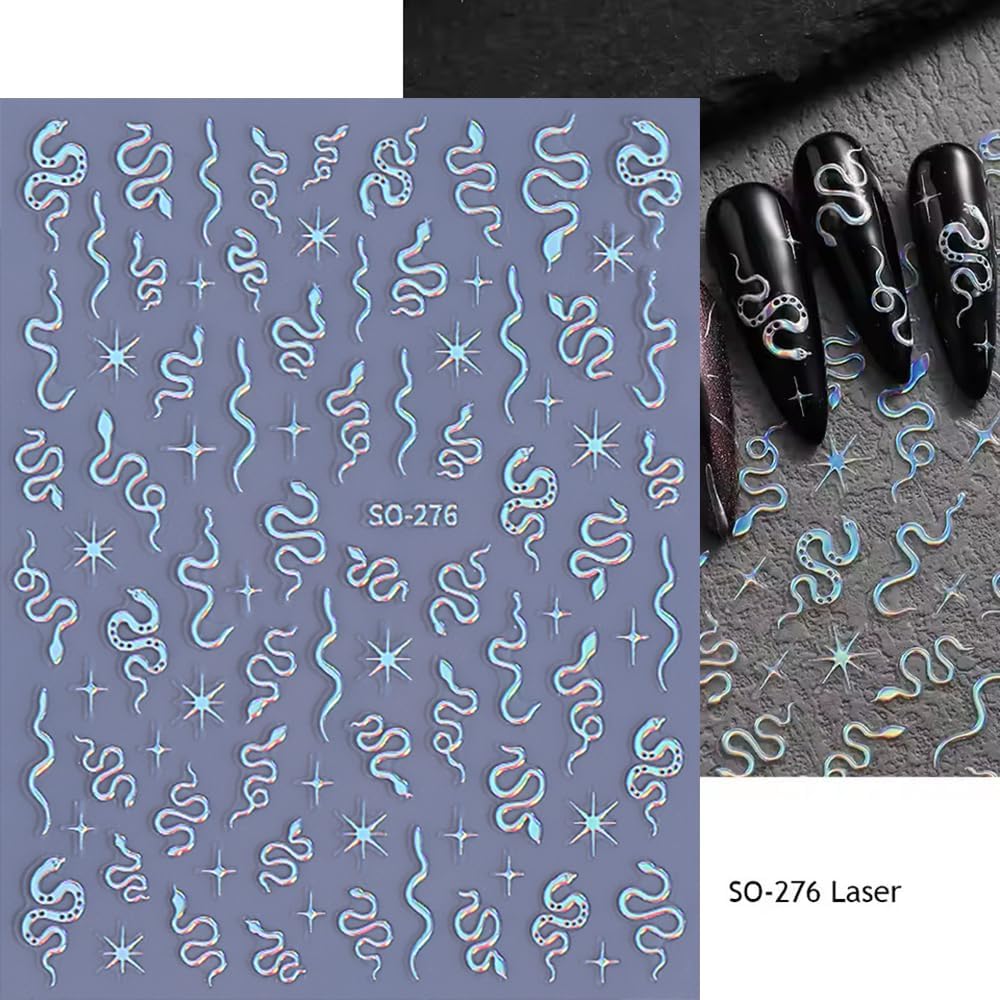 8 Sheets Nail Art Stickers, Gold Silver Star Snake Nail Decals 3D Self-Adhesive Laser Gold Silver Black Snake Nail Design Stickers DIY Manicure