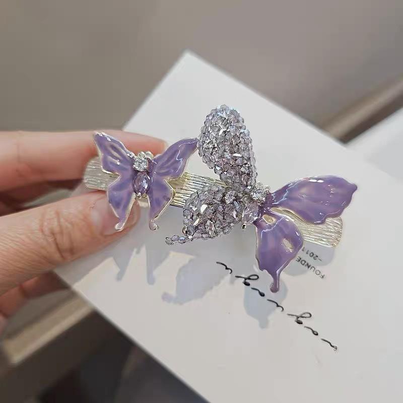 Purple Butterfly Crystal Hair Clip Women Dripped Oil Finish Claw Lightweight Elegant Accessory Daily Wear Light Purple