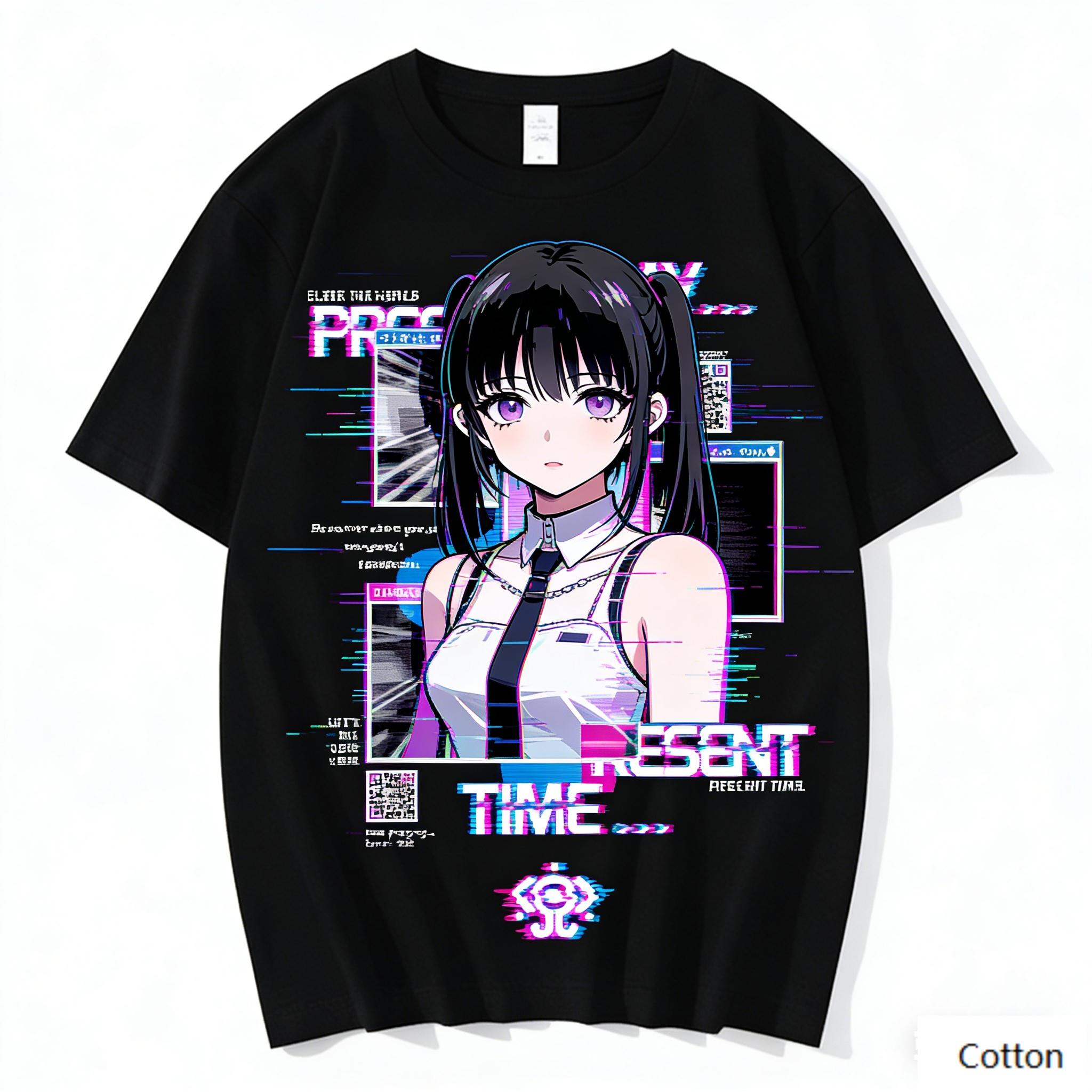 

Cyberpunk Anime Girl with Glitch Art Graphic TShirt Vaporwave Print Pure Cotton Tee Edgy Streetwear Style Unisex Top S
