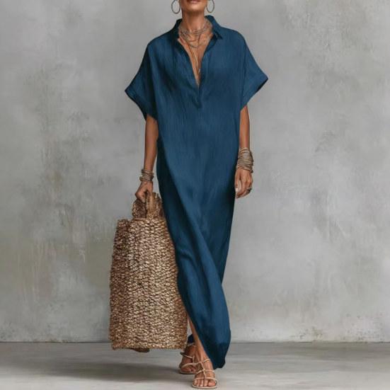 Summer Cotton Linen Dress for Women Short Sleeve Button Up Long Dress Casual Loose Beach Tunic Sundress