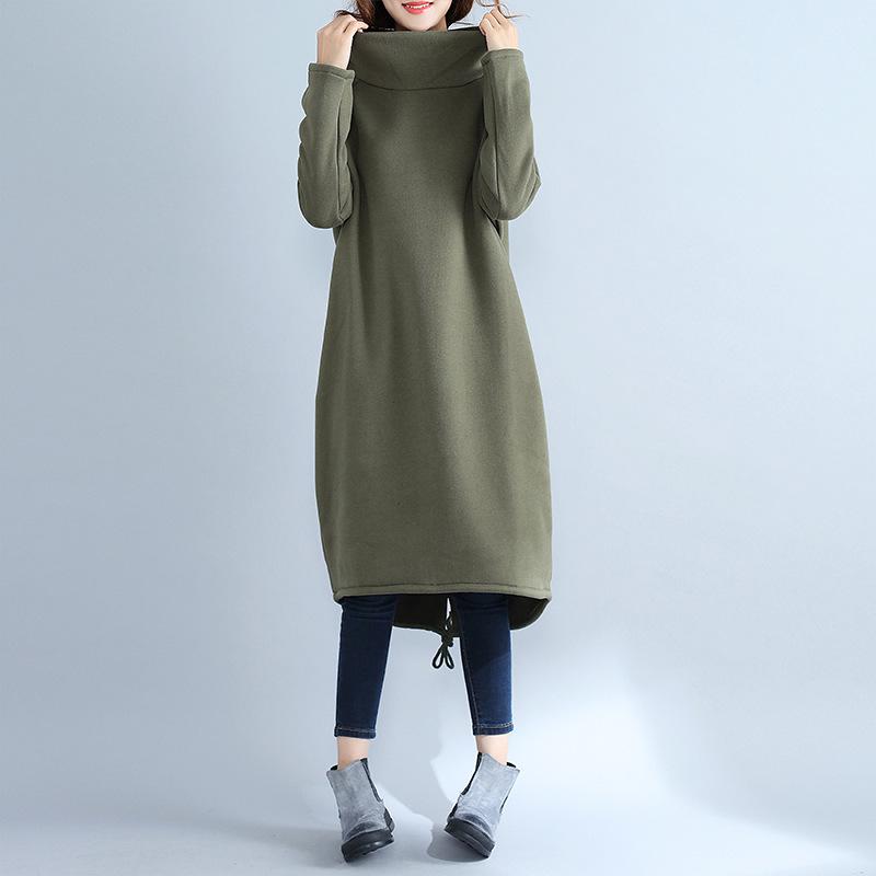 Vestido de Algodón y Lino con Forro Polar de Talla Grande Estilo Étnico 2017 con Cuello Alto