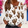 Women Plus Size Asymmetric Cutout Neck Cold Shoulder Long Sleeve Lipstick Leopard Print White Fitted Top