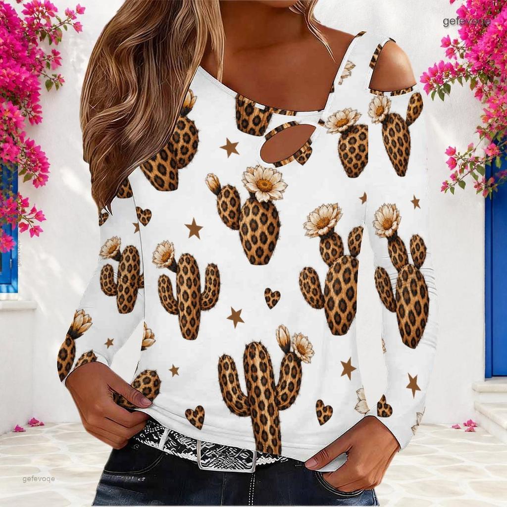 Women Plus Size Asymmetric Cutout Neck Cold Shoulder Long Sleeve Lipstick Leopard Print White Fitted Top
