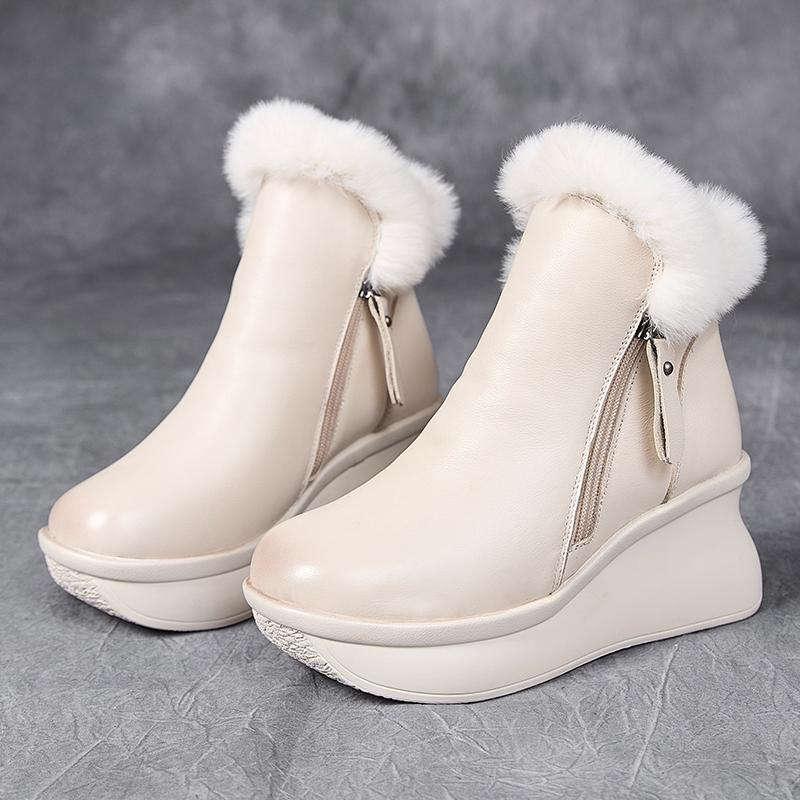 GKTINOO Genuine Leather Women Boots Retro Shoes Rabbit Fur Winter Round Toe Double Zipper Handmade Concise Platform Boots